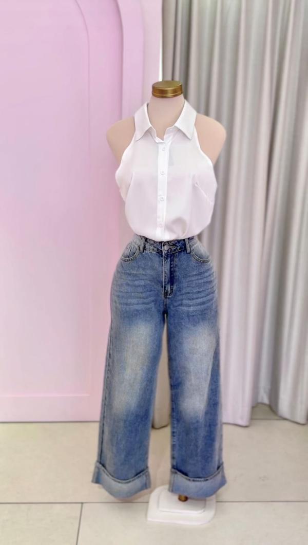 Jeans Celeste ancho, con ruedo  - Girly Basics